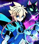  artist_name azure_striker_gunvolt azure_striker_gunvolt_3 black_fur blonde_hair blue_coat blue_eyes body_fur braid braided_ponytail cat coat commentary company_connection crossover electricity glowing glowing_eyes gunvolt highres kuon_(umbraclaw) lololotton long_hair spiked_hair symbol-only_commentary umbraclaw 