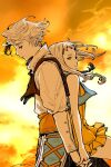  1boy 1girl back-to-back bare_arms bare_shoulders blonde_hair blue_eyes blue_vest braid brown_eyes brown_vest closed_mouth collared_shirt couple cropped_vest dress final_fantasy final_fantasy_xii hetero holding_hands interlocked_fingers long_hair mochi_(hanamaruudondesu) orange_dress penelo shirt short_hair sidelocks signature twin_braids upper_body vaan_(ff12) vest white_shirt 