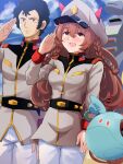  1boy 1girl braid bright_noa brown_eyes brown_hair closed_mouth commentary_request crossover gundam hair_ornament haro hat highres mejiro_bright_(umamusume) military_uniform mobile_suit_gundam open_mouth pants salute side_braid sky takotoma22 umamusume uniform 