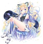  :d absurdres animal_ears ass bangs black_sweater blonde_hair blue_hair blue_legwear blue_scarf blush cat_ears commentary_request fang full_body highres kneehighs knees_up long_hair looking_at_viewer mao_ge mismatched_legwear multicolored_hair no_panties open_mouth ribbed_sweater scarf seeu sidelocks simple_background single_kneehigh single_thighhigh skirt smile solo starry_sky_print striped striped_legwear sweater swept_bangs thighhighs thighs vertical-striped_legwear vertical_stripes very_long_hair vocaloid wavy_hair white_background white_legwear white_skirt 