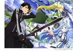  asuna_(sword_art_online) kirito leafa nishiguchi_tomoya pointy_ears sword sword_art_online thighhighs weapon wings 