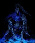  1boy absurdres armor artorias_the_abysswalker cloak dark_souls_(series) dark_souls_i darkness faceless faceless_male helmet highres hood hooded_cloak partially_submerged sitting solo theshah21 water 