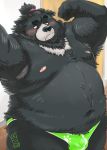  2019 anthro belly black_fur black_nose blush bulge clothing fur humanoid_hands male mammal moobs navel nipples overweight overweight_male solo totemoii_029 underwear ursid 