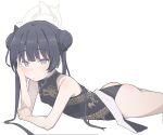  1girl absurdres ass black_dress black_hair blue_archive blush breasts china_dress chinese_clothes closed_mouth cowboy_shot double_bun dragon_print dress grey_eyes grey_halo hair_bun halo highres kisaki_(blue_archive) long_hair s10021 simple_background sleeveless sleeveless_dress small_breasts solo twintails white_background 