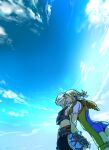  1boy 1girl armor black_pants blonde_hair blue_bodysuit blue_sky blush bodysuit braid closed_eyes couple cropped_vest final_fantasy final_fantasy_xii hetero medium_hair midriff mochi_(hanamaruudondesu) open_mouth pants penelo short_hair short_sleeves shoulder_armor sky smile twin_braids upper_body vaan_(ff12) vest whispering_in_ear 