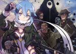  5boys abec behemoth_(sao) black_gloves black_hair blue_eyes blue_hair breasts character_request cleavage dyne_(sao) facial_hair fingerless_gloves glasses gloves green_jacket gun hair_ornament hairclip hat highres holding holding_gun holding_weapon jacket looking_at_viewer medium_breasts multiple_boys mustache open_clothes open_jacket orange_hair pale_rider_(sao) ponytail rifle scar scarf short_hair silver_hair sinon smile sword_art_online weapon white_scarf yamikaze_(sao) 