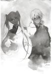  1girl backlighting bangs black_(kekkai_sensen) brother_and_sister character_name closed_mouth collared_shirt dot_nose expressionless eyebrows_visible_through_hair glasses greyscale hair_between_eyes hood hood_down hoodie kekkai_sensen light_smile long_hair long_sleeves looking_at_viewer monochrome plaid roku_(tsua-kihuyu) round_eyewear shirt siblings tareme traditional_media twintails very_long_hair white_(kekkai_sensen) 