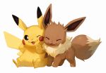  2018 ambiguous_gender black_nose bluekomadori brown_fur dipstick_tail duo eevee eyes_closed feral fur multicolored_tail nintendo one_eye_closed pikachu pok&eacute;mon pok&eacute;mon_(species) simple_background video_games white_fur wink 