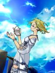  1girl ashelia_b&#039;nargin_dalmasca bangle blonde_hair blue_sky boots bracelet breasts closed_mouth detached_sleeves final_fantasy final_fantasy_xii holding jewelry medium_breasts mochi_(hanamaruudondesu) pendant_choker profile short_hair signature sky smile solo thigh_boots white_sleeves 