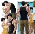  1girl 2boys absurdres apron artist_name baby biceps black_hair black_tank_top blue_curtains brown_eyes cooking curtains facial_hair father_and_son fushiguro_megumi fushiguro_touji hand_on_another's_face hetero highres holding_baby husband_and_wife indoors jtv jujutsu_kaisen kiss kissing_cheek kitchen looking_at_another megumi's_mother_(jujutsu_kaisen) mother_and_son multiple_boys muscular muscular_male pants parted_lips short_hair short_sleeves sleeping sleeveless speech_bubble spoken_object stubble tank_top veins veiny_arms yellow_apron zzz 