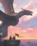  1boy 2others a_song_of_ice_and_fire animal_focus balerion bird boat cape cloud cloudy_sky dragon dragon_riding evening fantasy flag flying giant giant_monster gradient_sky helm helmet highres horizon horns lucas_graciano maegor_targaryen multiple_others ocean oil_painting_(medium) open_mouth outdoors painting_(medium) realistic red_cape seagull sharp_teeth simple_bird sky teeth traditional_media watchtower water watercraft western_dragon wide_shot wings wyvern 