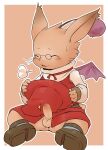  2023 anthro balls bodily_fluids border bottomless bottomless_male clothed clothing erection eyewear final_fantasy final_fantasy_xii footwear foreskin genitals glasses gloves handwear headgear headwear hi_res horne_(moogle) humanoid_genitalia humanoid_penis ivalician_moogle male penis pu_sukebe red_clothing simple_background solo square_enix sweat tan_background white_border wings 