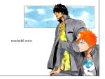  >:) 2boys black_hair bleach closed_mouth collared_shirt commentary_request cowboy_shot dark-skinned_male dark_skin english_text expressionless file from_side grey_jacket hair_over_eyes hand_on_own_knee hawaiian_shirt jacket ken'ichi_(ken1ro_u) kubo_tite_(style) kurosaki_ichigo long_sleeves looking_afar male_focus multiple_boys official_style open_clothes open_jacket orange_hair profile sado_yasutora school_uniform shirt short_hair simple_background smile spiked_hair upper_body v-shaped_eyebrows white_background white_shirt yellow_shirt 