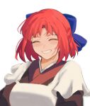  1girl absurdres blue_bow bow closed_eyes commentary english_commentary ezekquel facing_viewer hair_bow highres kohaku_(tsukihime) maid open_mouth red_hair short_hair simple_background smile solo tsukihime upper_body white_background 