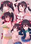  1girl absurdres bikini birthday black_hair blush breasts clenched_teeth closed_eyes commentary cream_(nipakupa) earrings gloves grey_background hair_ribbon highres jewelry long_hair looking_at_viewer love_live! love_live!_school_idol_project multiple_views nico_nico_nii otonokizaka_school_uniform red_eyes ribbon school_uniform small_breasts swimsuit teeth twintails upper_body white_gloves yazawa_nico 