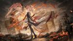  1girl ahoge ashes bare_shoulders black_blindfold black_bow black_collar black_footwear black_jacket black_sleeves black_thighhighs blindfold body_markings bow braid breasts changli_(wuthering_waves) cleavage closed_mouth collar colored_extremities commentary dress english_commentary ergouzi_echo feather_hair fire flower from_behind grey_sky hair_between_eyes hair_bow hair_extensions halterneck high_heels highres holding holding_sword holding_weapon jacket large_breasts long_hair looking_at_viewer multicolored_hair multiple_views orange_flower outdoors pink_hair ponytail red_hands sky smile solo sword tacet_mark_(wuthering_waves) thigh_strap thighhighs twin_braids two-tone_hair very_long_hair weapon white_bow white_dress white_hair wuthering_waves yellow_eyes 