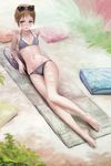  arata_yokoyama barefoot bikini blue_eyes breasts brown_hair eyewear_on_head feet full_body grass grey_bikini highres horizontal_stripes lying navel on_back original outdoors sand short_hair small_breasts solo striped striped_bikini sunglasses swimsuit vertical_stripes 