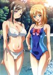  absurdres aqua_eyes bikini black_hair blonde_hair blue_eyes blue_swimsuit blush bow breasts cameltoe covered_navel covered_nipples cowboy_shot fat_mons hair_ornament hairclip halter_top halterneck hand_on_hip highres kamimura_chika kamimura_haruka large_breasts long_hair mole mole_on_breast multiple_girls official_art one-piece_swimsuit open_mouth outdoors river shiny siblings side-tie_bikini sisters sisters_~natsu_no_saigo_no_hi~ small_breasts smile swimsuit white_bikini 
