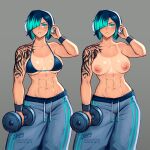  1girl abs aqua_eyes aqua_hair arm_tattoo asymmetrical_bangs biceps bikini bikini_top_only blue_bikini blue_hair bra breasts commentary drawstring dumbbell english_commentary eyeshadow groin hair_over_one_eye hand_on_headphones headphones heat_stroke_photoshoot_(meme) highres iahfy jade_(iahfy) makeup medium_breasts meme mole mole_under_eye multicolored_hair multiple_views muscular muscular_female navel nipples original pants short_hair stomach sweatpants swimsuit tan tanlines tattoo topless two-tone_hair underwear wristband 