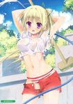  absurdres arms_behind_head arms_up artist_name bikini_bottom blonde_hair blush breasts broom bush cloud cowboy_shot day green_ribbon hair_ribbon highres hose large_breasts long_hair navel open_mouth original outdoors ponytail pool purple_eyes ribbon scan sesena_yau shirt short_shorts short_sleeves shorts solo striped unbuttoned very_long_hair water wet wet_clothes wet_shirt 