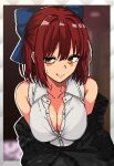  1girl :q alternate_costume bare_shoulders black_jacket blue_bow bow breasts cleavage closed_mouth commentary d8282not english_commentary hair_between_eyes hair_bow half_updo highres jacket kohaku_(tsukihime) large_breasts looking_at_viewer off_shoulder office_lady red_hair seductive_smile shirt short_hair sleeveless sleeveless_shirt smile solo sweatdrop tongue tongue_out tsukihime white_shirt yellow_eyes 