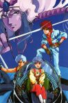  1980s_(style) 1990s_(style) 1girl 3boys blue_hair brown_hair character_request cockpit dan_(salamander) energy_gun english_commentary fingerless_gloves gloves happy highres jacket jewelry looking_at_viewer lord_british machinery magazine_scan mikimoto_haruhiko multiple_boys pilot_chair promotional_art ray_gun retro_artstyle salamander_(game) scan serious sitting spacecraft starfighter stephanie_mcbain sword traditional_media uniform weapon 
