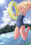  :d absurdres armpits artist_name blonde_hair blue_eyes blush breasts cloud collarbone dark_skin day fang highres innertube long_hair melonbooks natsupa one-piece_swimsuit open_mouth outdoors outstretched_arms sandals scan school_swimsuit small_breasts smile solo sparkle spread_arms swimsuit water 