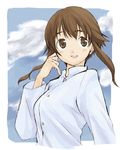  artist_request blush brown_eyes brown_hair cloud day dress_shirt hair_flip looking_back non-web_source shirt sidelocks sky smile solo strike_witches takei_junko world_witches_series 