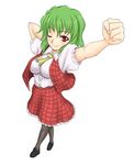  ;) ascot black_legwear breasts clenched_hand foreshortening full_body green_hair impossible_clothes impossible_shirt kazami_yuuka kuro_suto_sukii large_breasts one_eye_closed pantyhose plaid plaid_skirt plaid_vest raised_fist red_eyes shirt simple_background skirt skirt_set smile solo standing stretch touhou vest white_background 