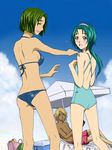  2girls akimoto_komachi akimoto_madoka ass bad_id bad_pixiv_id beach bikini blue_sky cloud day green_hair koutetsu_(pixiv418948) long_hair multiple_girls natts_(yes!_precure_5) nuts_(yes!_precure_5) one-piece_swimsuit outdoors precure short_hair siblings sisters sky summer swimsuit yes!_precure_5 