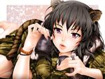  alcohol animal_ears black_hair bracelet fingernails inoue_makito japanese_clothes jewelry lips lying original pink_eyes ring sake shiny shiny_skin solo tail tiger_ears tiger_tail 