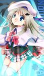  bad_anatomy blue_eyes bow cape hat little_busters! long_hair noumi_kudryavka pink_bow plaid plaid_skirt school_uniform scp silver_hair skirt solo thighhighs 