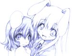  :3 animal_ears bad_id bad_pixiv_id blue bunny_ears inaba_tewi long_hair monochrome multiple_girls okotan_(dewdrops) reisen_udongein_inaba short_hair simple_background sketch smile touhou white_background 