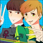  amagi_yukiko brown_eyes brown_hair genderswap genderswap_(ftm) green_eyes male_focus multiple_boys persona persona_4 satonaka_chie yui_(marine-drive) 