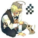  animal blonde_hair blush bow bowtie cat durarara!! ekoo heiwajima_shizuo lowres male_focus smile solo sunglasses vest 