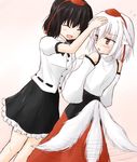  animal_ears black_hair blush brown_eyes closed_eyes detached_sleeves happy hat inubashiri_momiji multiple_girls open_mouth petting shameimaru_aya short_hair skirt smile tail tokin_hat touhou white_hair wolf_ears wolf_tail yurusuke 