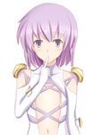  ar_tonelico ar_tonelico_iii blush bodysuit braid finger_to_mouth flat_chest navel purple_eyes purple_hair shizufa short_hair simple_background skin_tight solo tilia twin_braids 