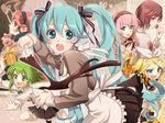  ahoge apron aqua_eyes aqua_hair baking battle_royal_valentine_(vocaloid) blonde_hair brown_eyes brown_hair chocolate fang gift green_eyes green_hair gumi hair_ornament hair_ribbon hairclip hatsune_miku heart hima_(ab_gata) kagamine_rin long_hair megurine_luka meiko multiple_girls necktie pantyhose pink_hair red_eyes red_hair ribbon scarf sf-a2_miki short_hair skirt smile star striped striped_legwear twintails valentine very_long_hair vocaloid water_gun yellow_legwear 