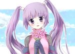  blue_background flower head_tilt long_hair looking_at_viewer oimo purple_eyes purple_hair smile sophie_(tales) tales_of_(series) tales_of_graces twintails 