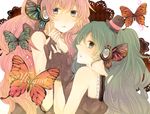 aqua_hair bad_id bad_pixiv_id blue_eyes bug butterfly butterfly_wings dress face fingerless_gloves gloves hatsune_miku headphones insect komine long_hair magnet_(vocaloid) megurine_luka multiple_girls pink_hair twintails vocaloid wings 