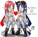  ace_combat ace_combat_zero adfx-02_morgan aircraft airplane bare_arms blue_hair breasts demon demon_tail f-15_eagle fairy gloves heart horns irony long_hair mecha_musume medium_breasts multiple_girls navel paolo_aninag pink_hair pointy_ears signature sketch tail text_focus thighhighs weapon white_eyes yellow_eyes 