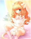  animal_ears cat cat_ears cat_tail cyan_eyes lowres orange_hair tail thigh-highs thighhighs 