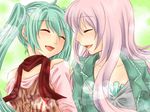  aqua_hair blush closed_eyes hatsune_miku long_hair megurine_luka multiple_girls pink_hair smile twintails vocaloid yayoi_(egoistic_realism) yuri 