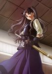  absurdres black_hair bougu bow dojo fate/stay_night fate_(series) gloves green_eyes hair_bow hakama highres ishii_kumi japanese_clothes kendo long_hair looking_down non-web_source purple_hakama shinai solo sweat sword toosaka_rin two_side_up weapon 