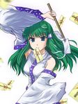  detached_sleeves gohei kochiya_sanae long_hair mouth_hold ofuda solo touhou tsuyadashi_shuuji 