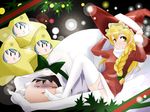  4girls annoyed bad_feet bad_id bad_pixiv_id blonde_hair blue_hair braid christmas cirno esunobu hat kimeemaru kirisame_marisa leaf long_hair multiple_girls o3o panties pantyshot sack santa_costume shaded_face shameimaru_aya star thighhighs touhou underwear white_legwear witch_hat yellow_eyes yukkuri_shiteitte_ne 