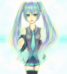  aqua_eyes aqua_hair bad_id bad_pixiv_id hatsune_miku highres lips long_hair multicolored_hair necktie purple_hair shizuki_mio sizuki skirt solo thighhighs twintails very_long_hair vocaloid zettai_ryouiki 