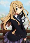  bag blazer blonde_hair blue_eyes jacket k-on! kiri_nada kotobuki_tsumugi long_hair railing school_uniform solo 