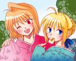  arcueid_brunestud artoria_pendragon_(all) asuka_(aqua_space) blonde_hair blue_eyes crossover eating fate/stay_night fate_(series) japanese_clothes multiple_girls one_eye_closed red_eyes saber short_hair tsukihime 