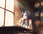  ahoge alternate_hairstyle blue_hair breasts chihaya_72 cup flower hair_flower hair_ornament idolmaster idolmaster_(classic) large_breasts light_rays miura_azusa plant red_eyes solo sunbeam sunlight tea twintails 
